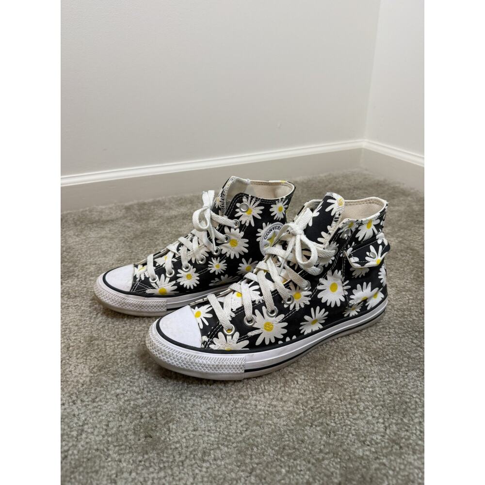 Converse High Top Sneakers Black with White and Yellow Daisy Print - Picture 8 of 9